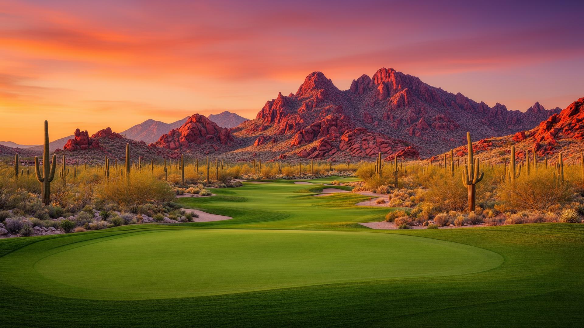 Aerial view of a lush Arizona golf course at golden hour